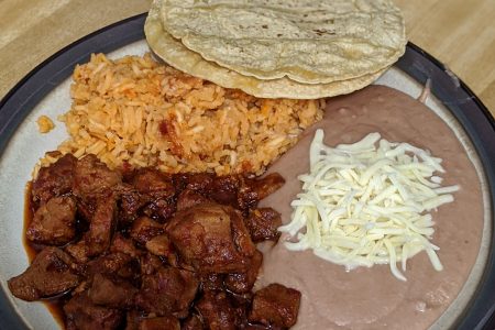 Pork Roast In Red Chili With Rice And Beans