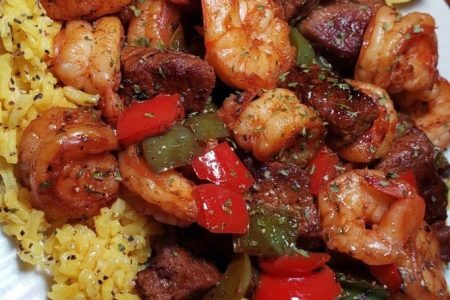 Jerk Steak & Shrimp over Yellow Rice