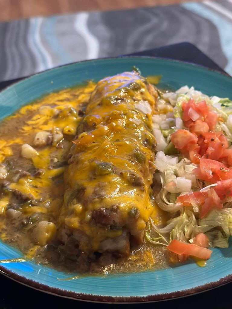 Refried Bean Burritos Smothered In Green Chile, Ground Beef, Potato