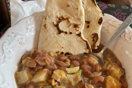 Sopa de Frijoles con Papas y Chile Verde (Bean Soup with Fried Potatoes and Green Chile)