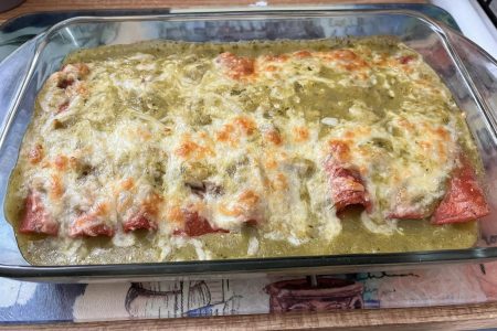 Green Chile Chicken Enchiladas with Red Chile Corn Tortillas