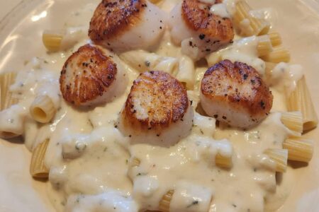 Rigatoni with Scallops in a Garlic Cream Sauce