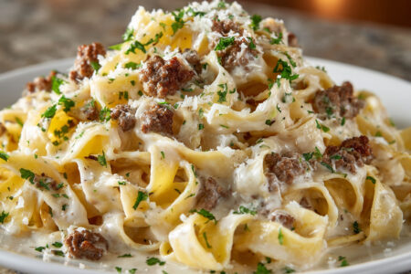 Creamy Ground Beef Alfredo Pasta